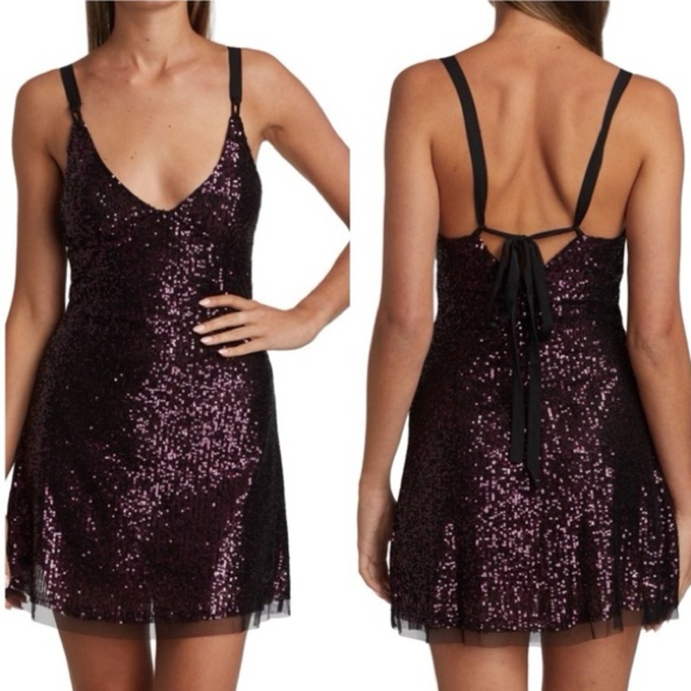 Free People / Maroon Plum Gold Rush Sequin Mini Strappy Back Slip Dress